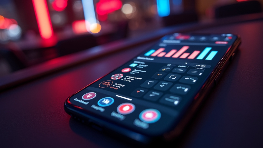 Smartphone showing a compact mobile casino interface with glowing menus