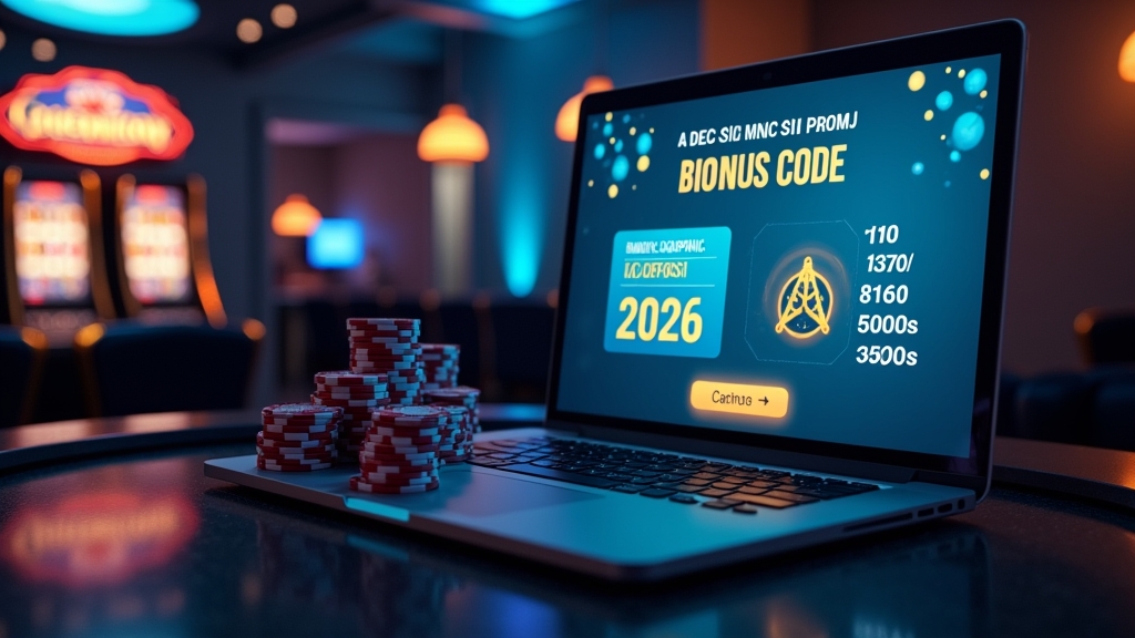Casino screen displaying a no deposit bonus code with chips and slot reels